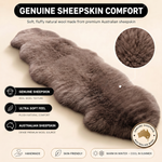 Real sheepskin rug features infographic showing natural wool texture, plush comfort, and all-season properties