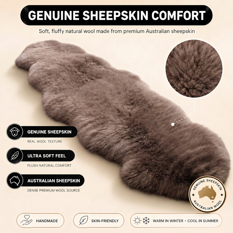 Real sheepskin rug features infographic showing natural wool texture, plush comfort, and all-season properties