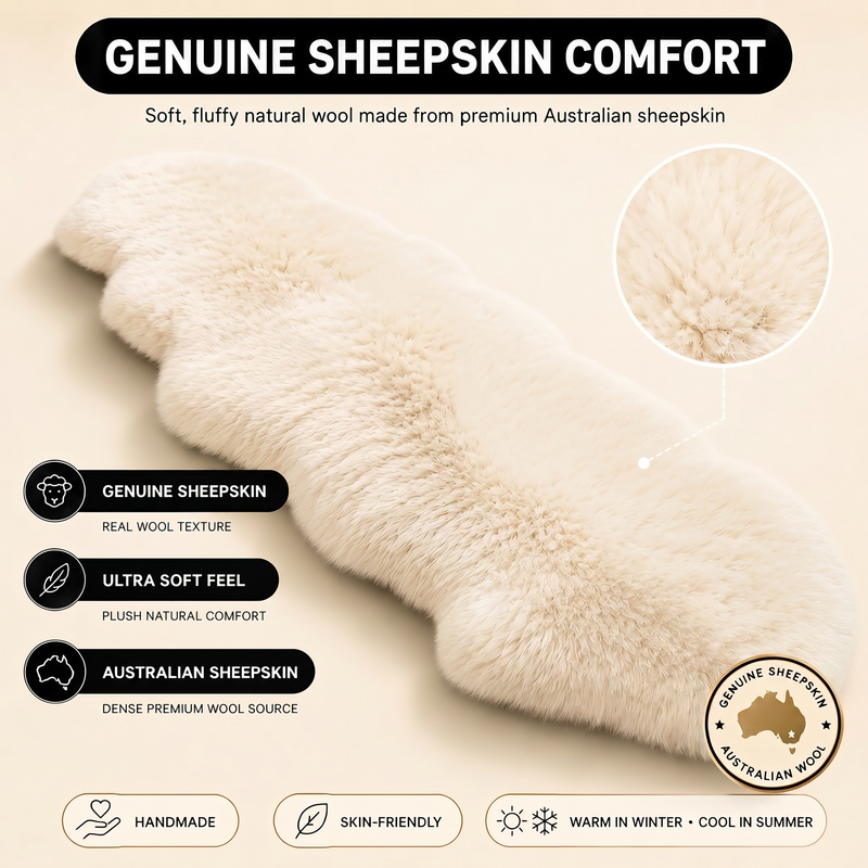 Real sheepskin rug features infographic showing natural wool texture, plush comfort, and all-season properties