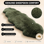 Real sheepskin rug features infographic showing natural wool texture, plush comfort, and all-season properties