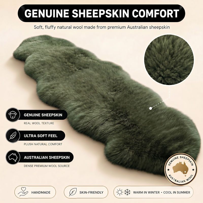 Real sheepskin rug features infographic showing natural wool texture, plush comfort, and all-season properties