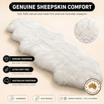Real sheepskin rug features infographic showing natural wool texture, plush comfort, and all-season properties