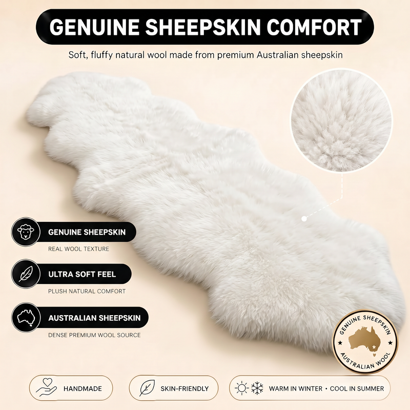 Real sheepskin rug features infographic showing natural wool texture, plush comfort, and all-season properties