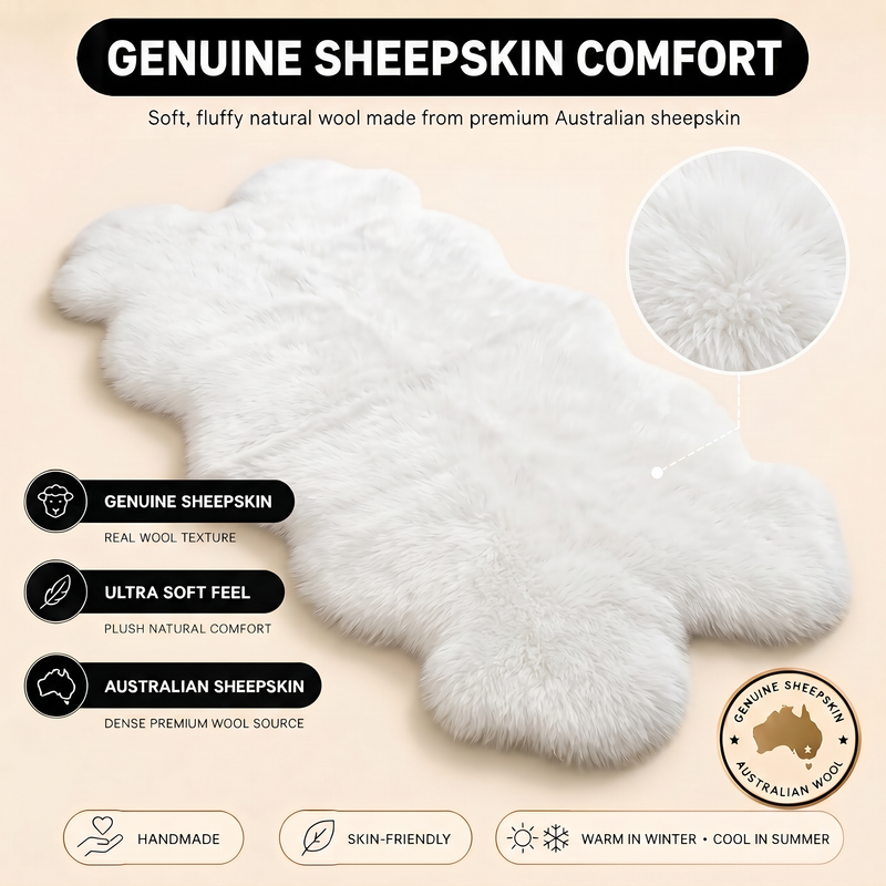 Real sheepskin rug features infographic showing natural wool texture, plush comfort, and all-season properties