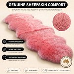 Real sheepskin rug features infographic showing natural wool texture, plush comfort, and all-season properties