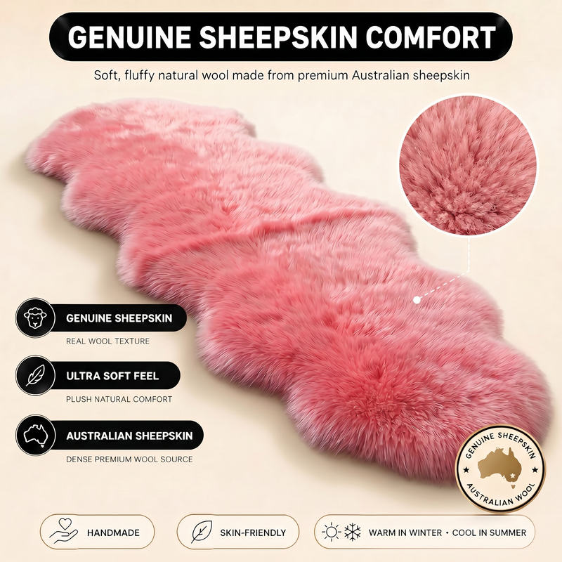 Real sheepskin rug features infographic showing natural wool texture, plush comfort, and all-season properties