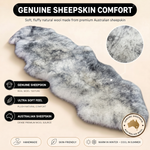 Real sheepskin rug features infographic showing natural wool texture, plush comfort, and all-season properties