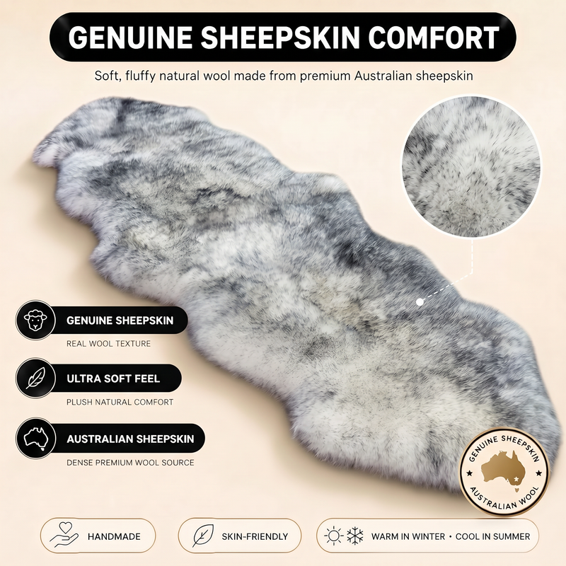 Real sheepskin rug features infographic showing natural wool texture, plush comfort, and all-season properties