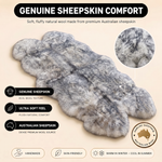 Real sheepskin rug features infographic showing natural wool texture, plush comfort, and all-season properties