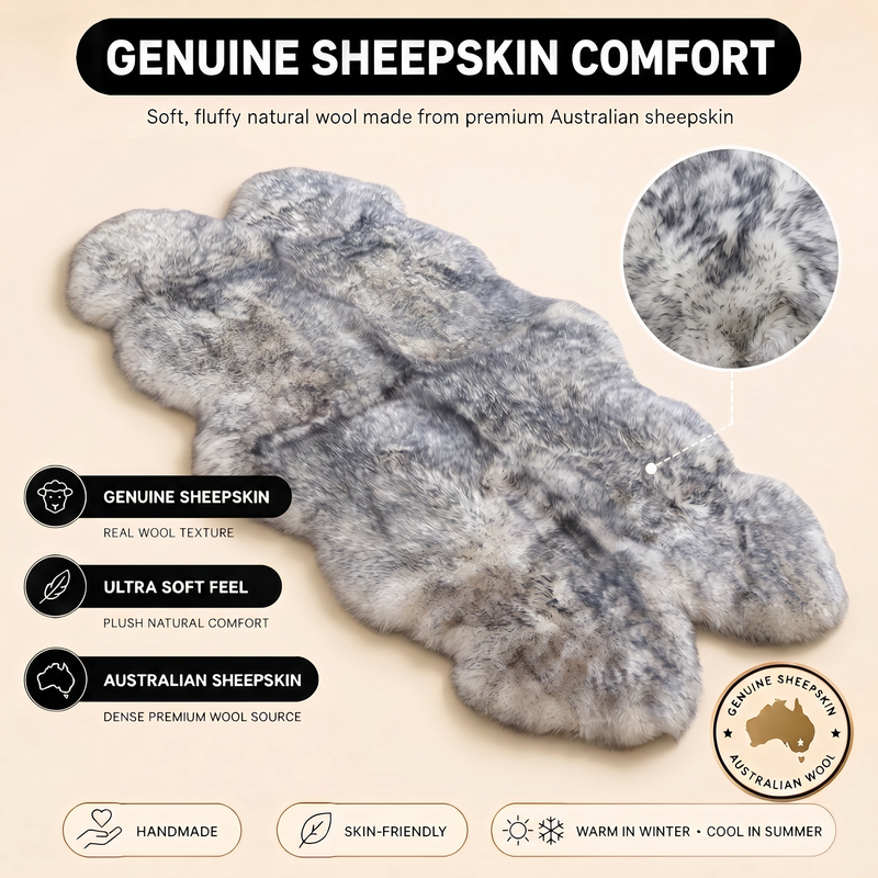 Real sheepskin rug features infographic showing natural wool texture, plush comfort, and all-season properties