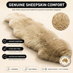 Real sheepskin rug features infographic showing natural wool texture, plush comfort, and all-season properties