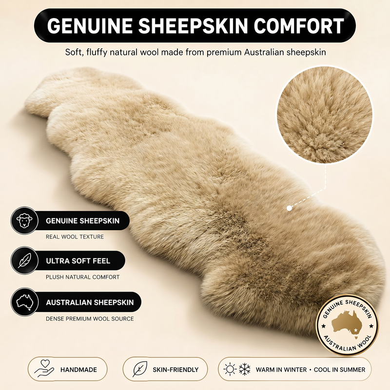 Real sheepskin rug features infographic showing natural wool texture, plush comfort, and all-season properties