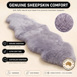 Real sheepskin rug features infographic showing natural wool texture, plush comfort, and all-season properties