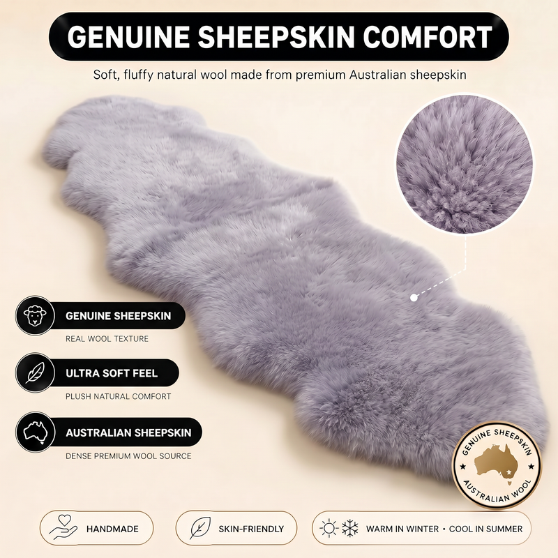 Real sheepskin rug features infographic showing natural wool texture, plush comfort, and all-season properties