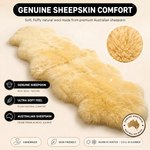 Real sheepskin rug features infographic showing natural wool texture, plush comfort, and all-season properties
