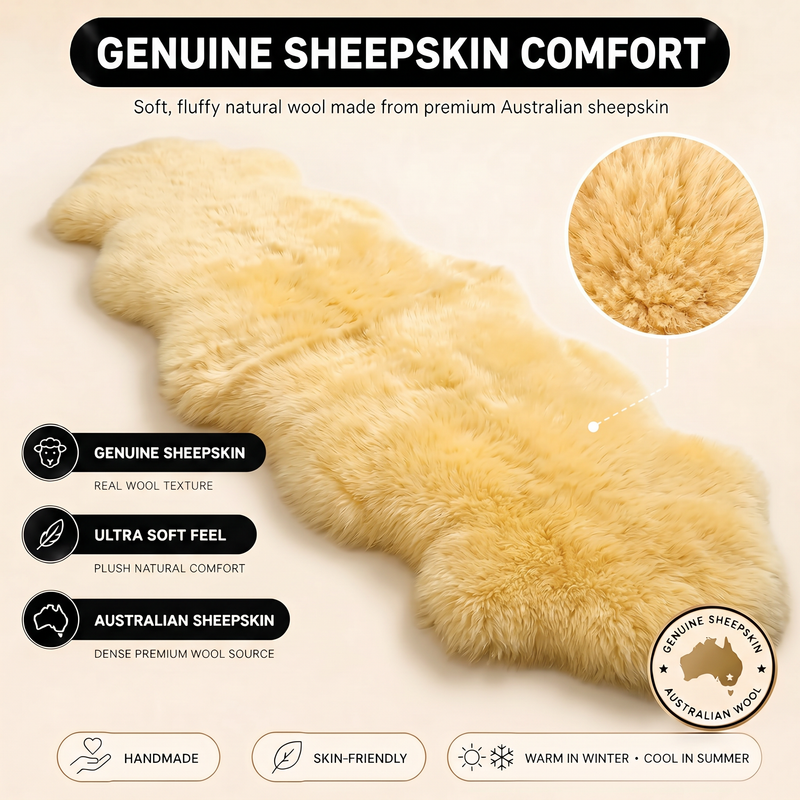 Real sheepskin rug features infographic showing natural wool texture, plush comfort, and all-season properties