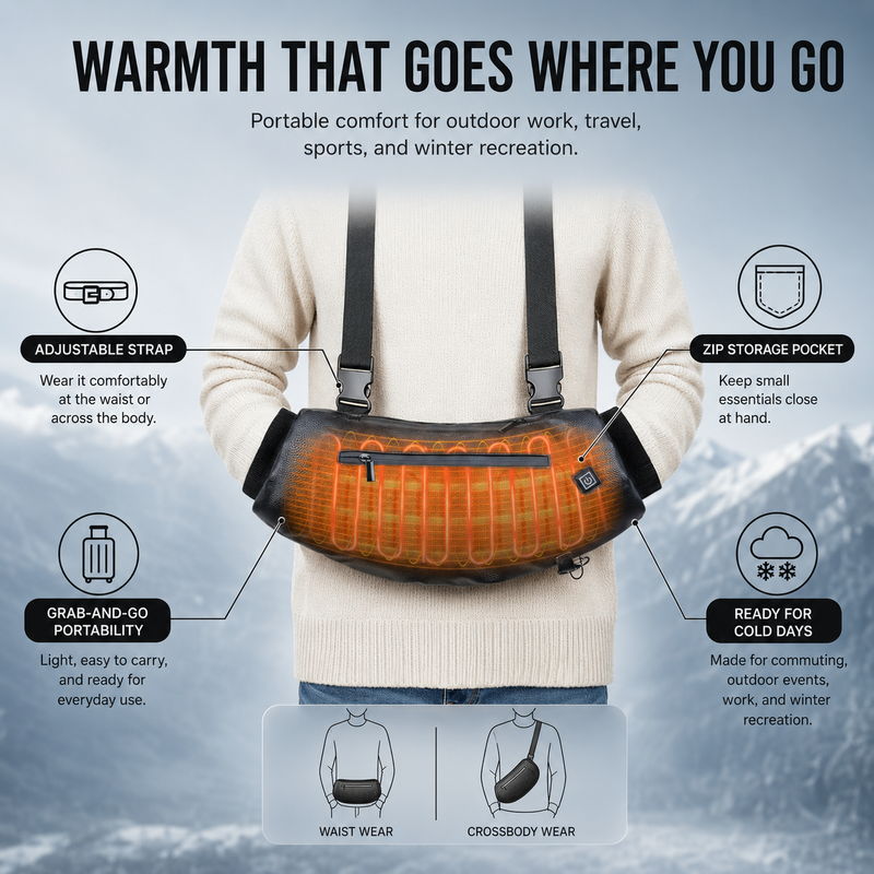 Rechargeable hand warmer pouch beside a 5000mAh USB power bank with up to 14 hour runtime
