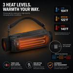 Rechargeable hand warmer pouch beside a 5000mAh USB power bank with up to 14 hour runtime