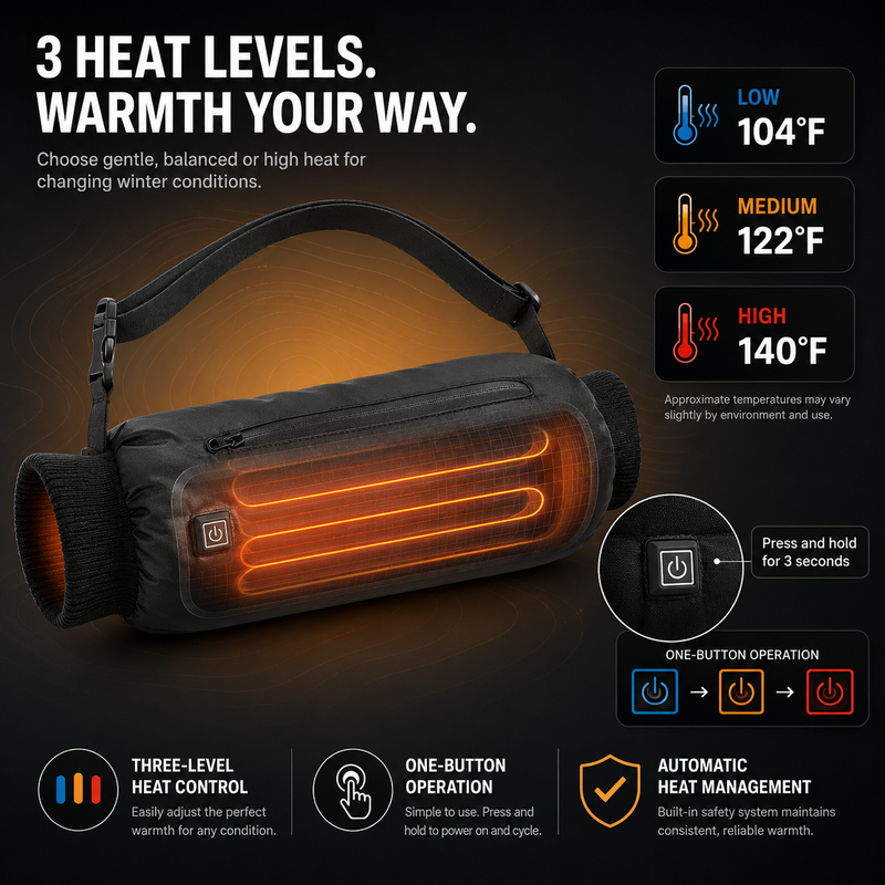 Rechargeable hand warmer pouch beside a 5000mAh USB power bank with up to 14 hour runtime