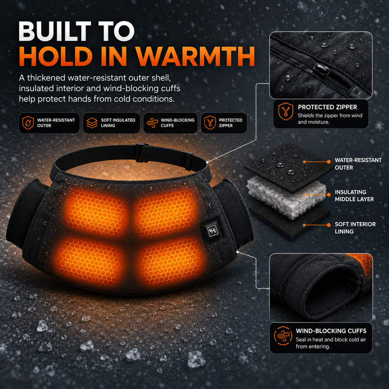 Rechargeable hand warmer pouch beside a 5000mAh USB power bank with up to 14 hour runtime