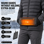 Rechargeable hand warmer pouch beside a 5000mAh USB power bank with up to 14 hour runtime