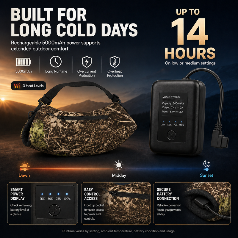 Rechargeable hand warmer pouch beside a 5000mAh USB power bank with up to 14 hour runtime