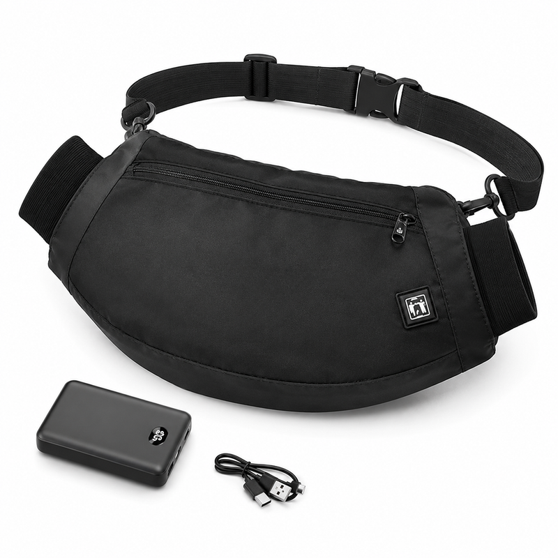 Camouflage rechargeable hand warmer pouch with adjustable strap and zippered front pocket