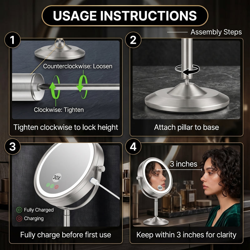 Infographic of the makeup mirror's 5000mAh rechargeable battery and USB-C charging