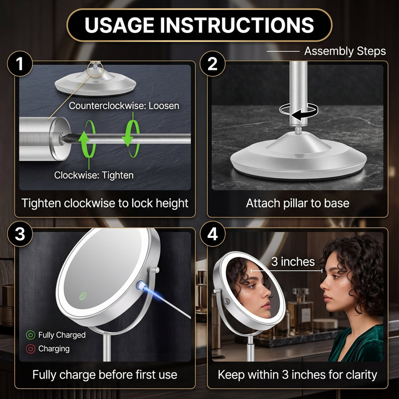 Infographic of the makeup mirror's 5000mAh rechargeable battery and USB-C charging