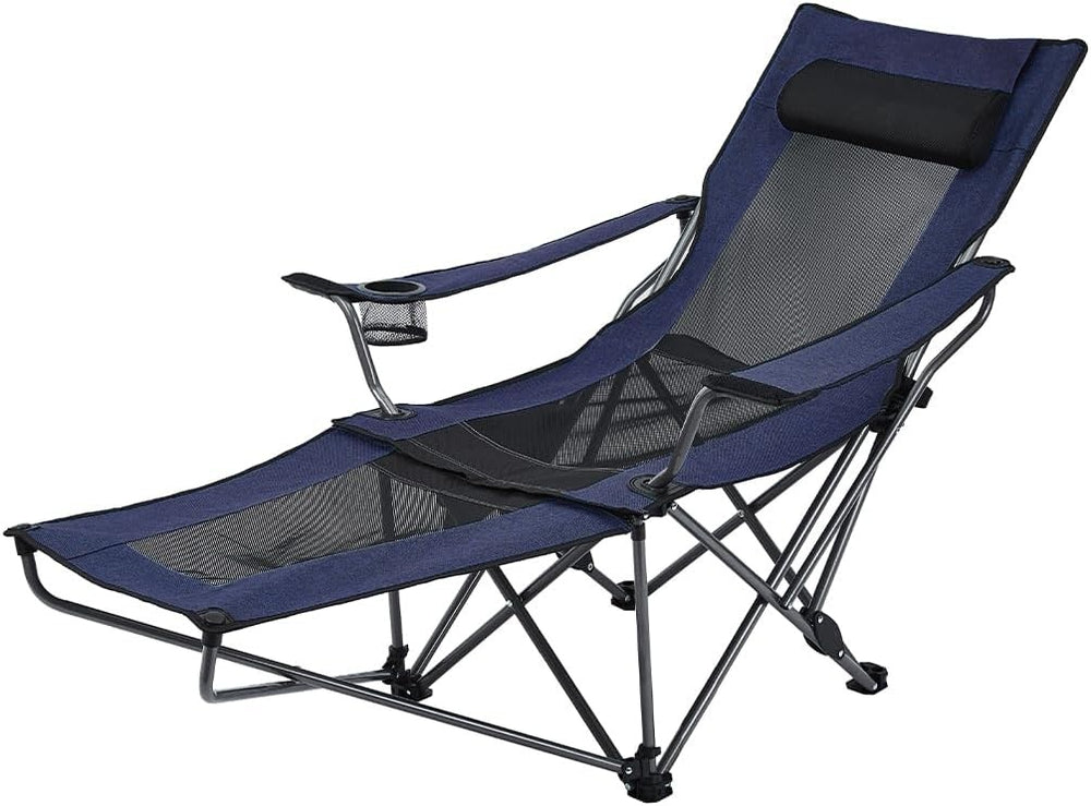 Adjustable reclining camping chair with padded seat and footrest