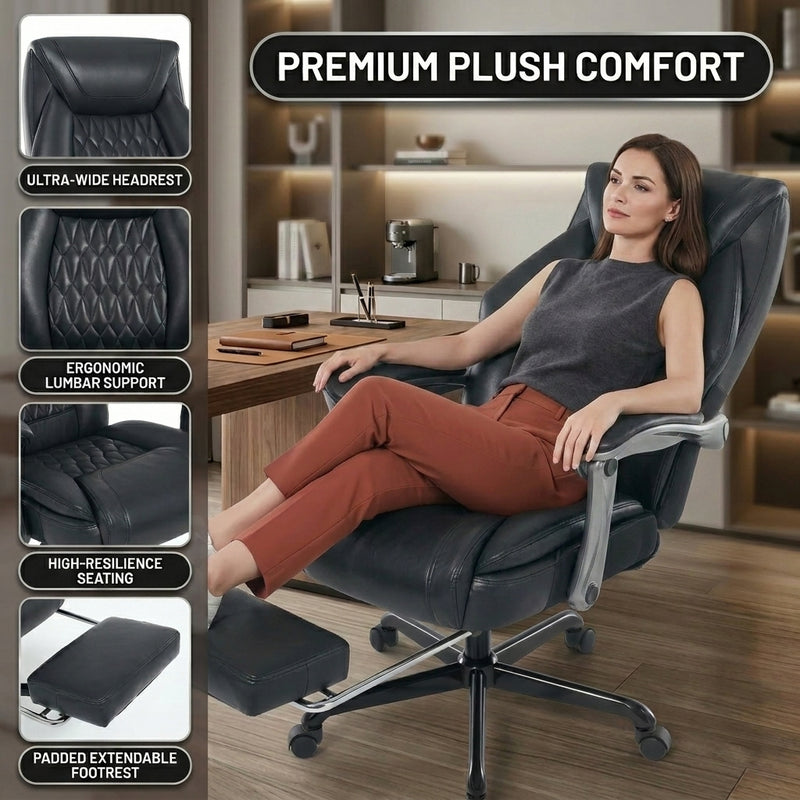 Woman reclining with feet up on the extended footrest of the black massage office chair