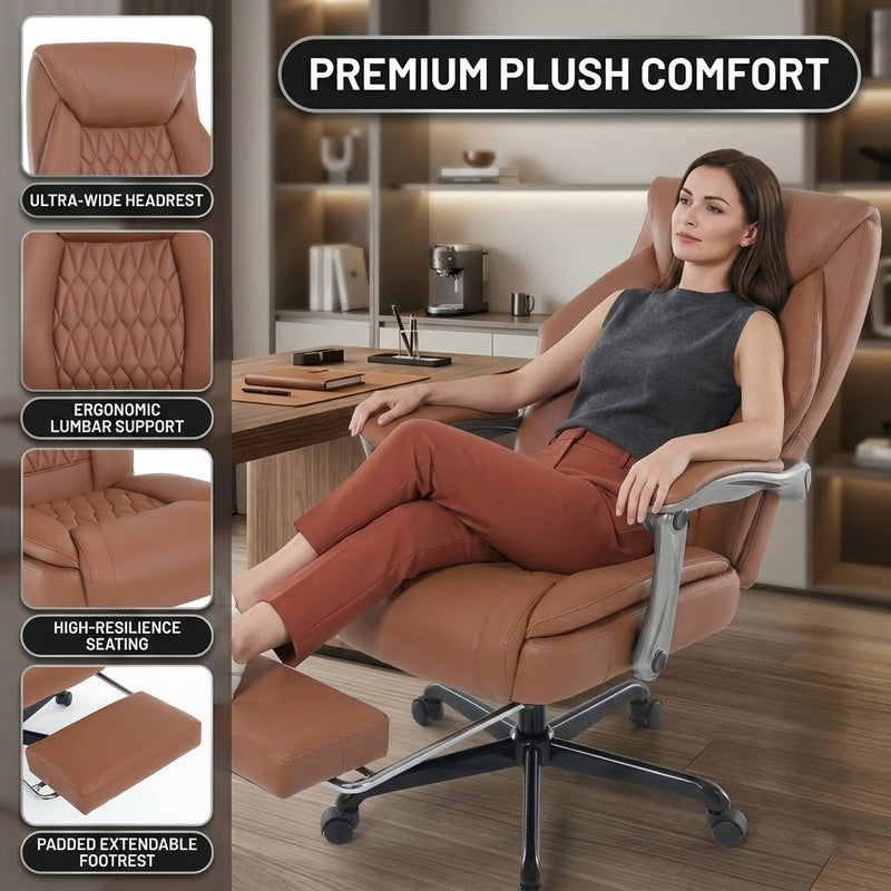 Woman reclining with feet up on the extended footrest of the black massage office chair
