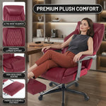Woman reclining with feet up on the extended footrest of the black massage office chair