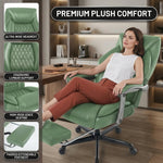 Woman reclining with feet up on the extended footrest of the black massage office chair