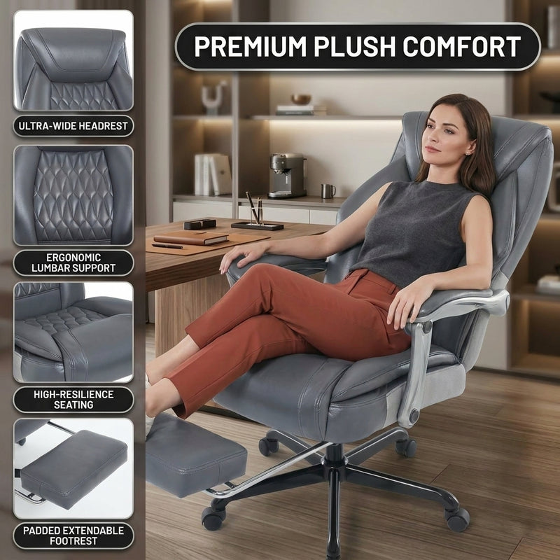 Woman reclining with feet up on the extended footrest of the black massage office chair