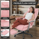 Woman reclining with feet up on the extended footrest of the black massage office chair