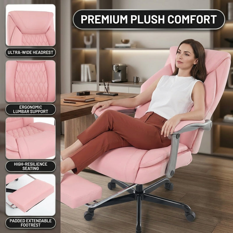 Woman reclining with feet up on the extended footrest of the black massage office chair
