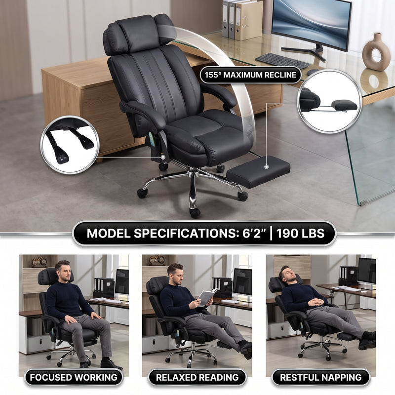 Reclining office chair at 155 degrees with footrest shown in working reading and napping positions