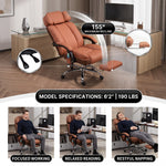 Reclining office chair at 155 degrees with footrest shown in working reading and napping positions