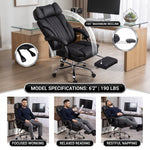 Reclining office chair at 155 degrees with footrest shown in working reading and napping positions