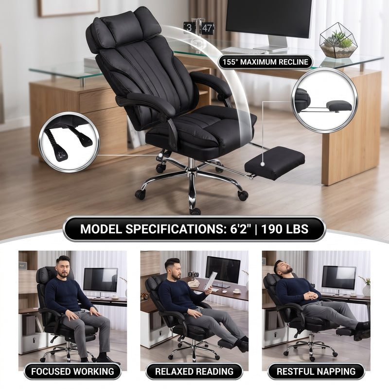 Reclining office chair at 155 degrees with footrest shown in working reading and napping positions