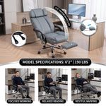 Reclining office chair at 155 degrees with footrest shown in working reading and napping positions