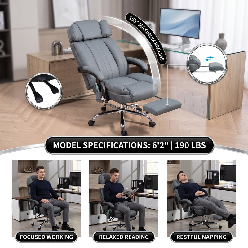 Reclining office chair at 155 degrees with footrest shown in working reading and napping positions
