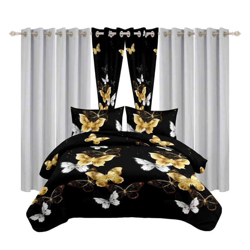 Red, black and gray striped 9-piece bedding set shown with matching curtains