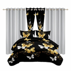 Red, black and gray striped 9-piece bedding set shown with matching curtains