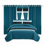Red, black and gray striped 9-piece bedding set shown with matching curtains