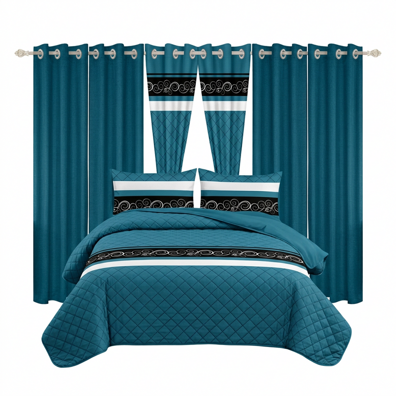 Red, black and gray striped 9-piece bedding set shown with matching curtains