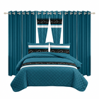 Red, black and gray striped 9-piece bedding set shown with matching curtains