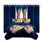 Red, black and gray striped 9-piece bedding set shown with matching curtains