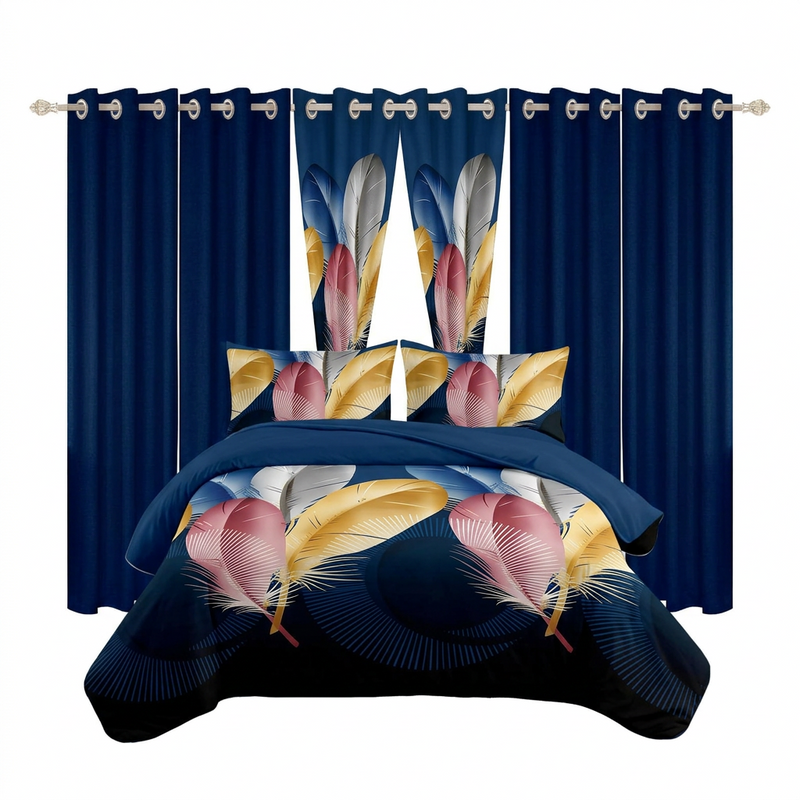 Red, black and gray striped 9-piece bedding set shown with matching curtains